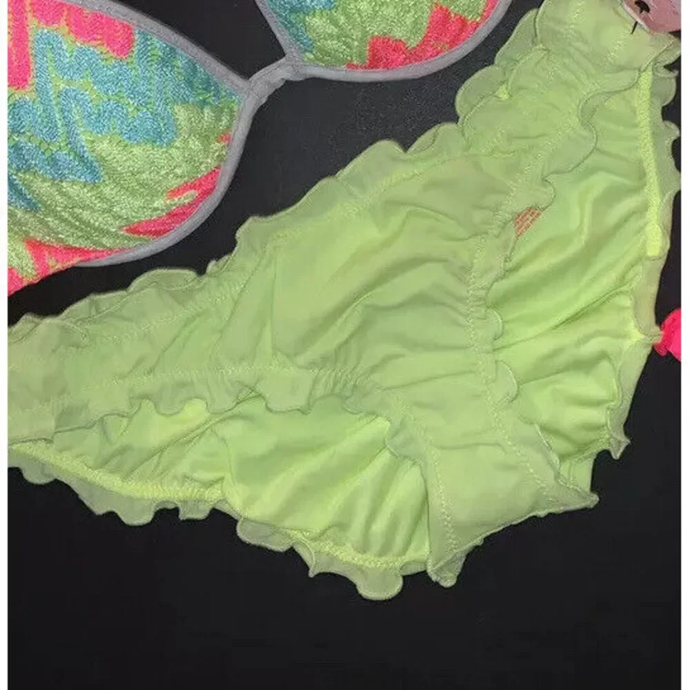 NWT Victoria's Secret XS BIKINI BOTTOM ruffled NEON YELLOW green
